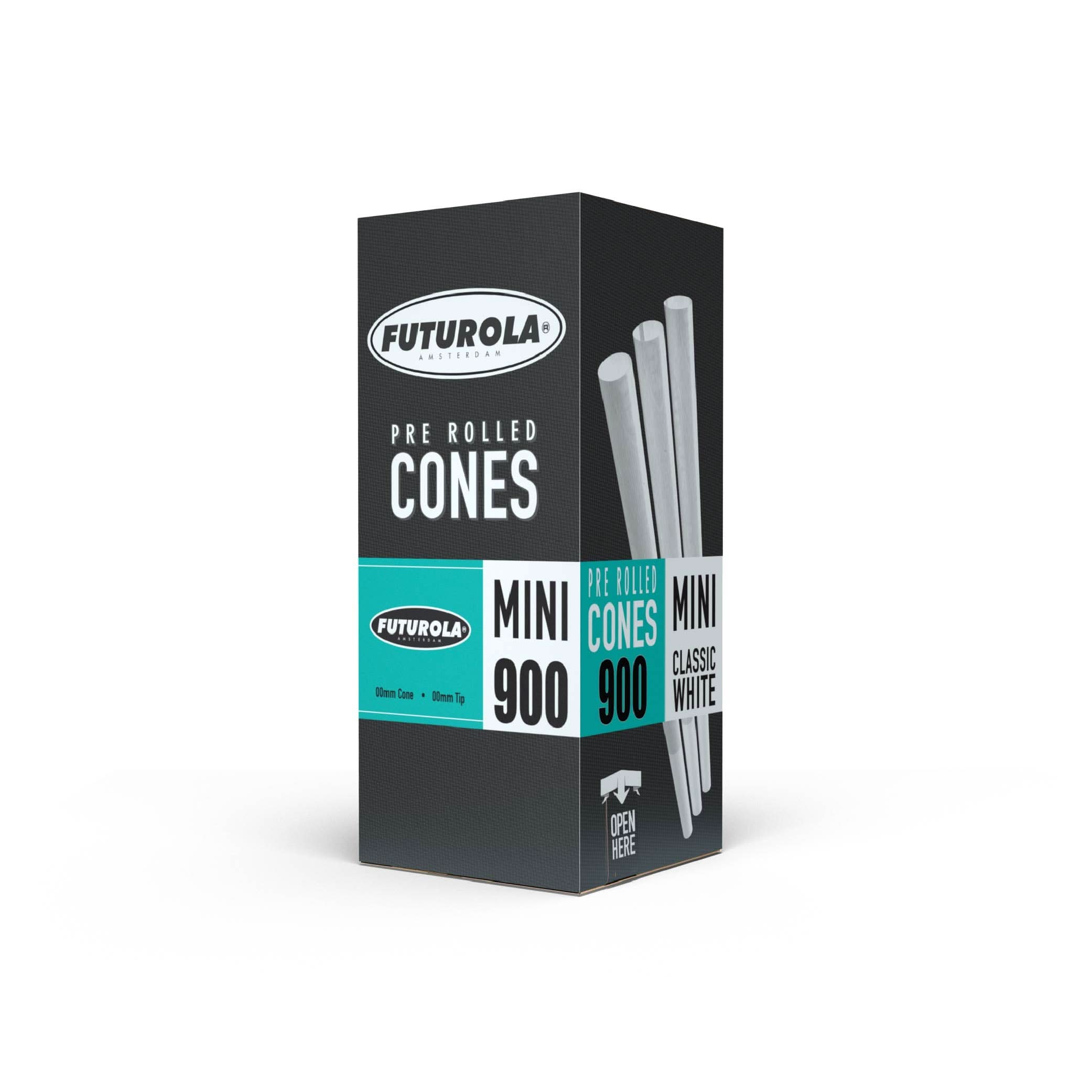 Small pre rolled cones in a FUTUROLA box presented in front of a white background.