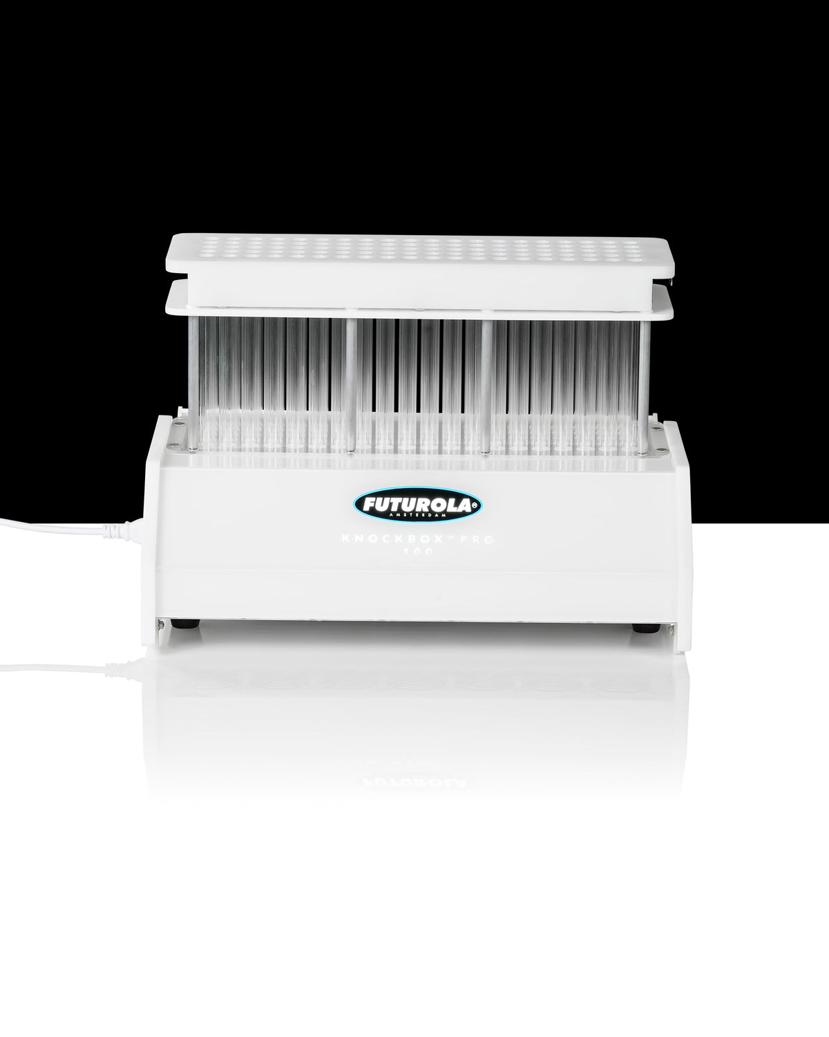 Commercial pre-roll machine from FUTUROLA displayed in front of a white background on top of a white table.