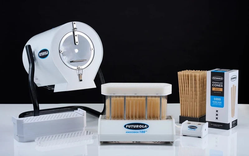 Complete pre-roll setup displayed on a white table in front of a dark blue background.
