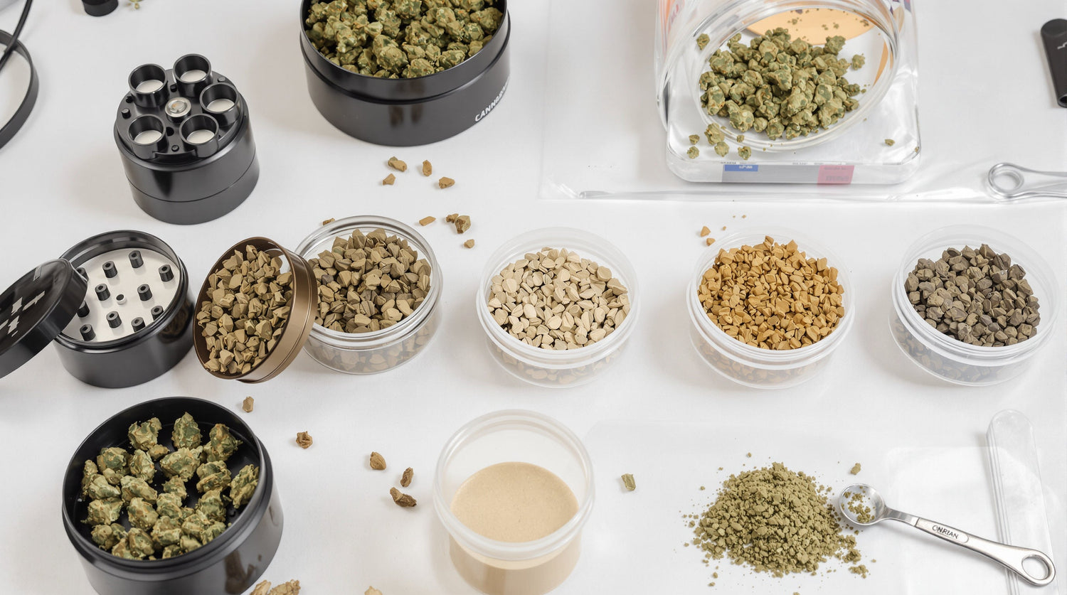 Multiple grinders and ground material samples showing particle size variations for cone filling