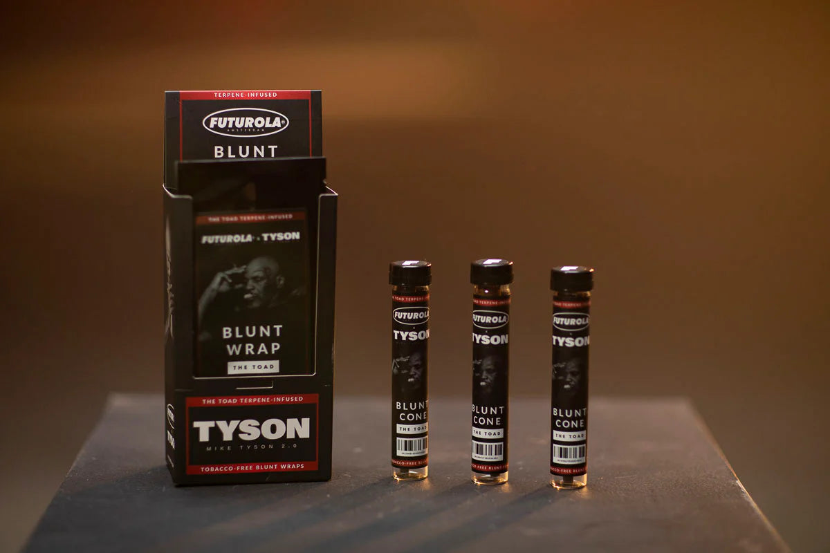 Terpene-infused blunt wraps and cones from the Futurola Tyson collection, featuring tobacco-free design for a premium smoking experience.