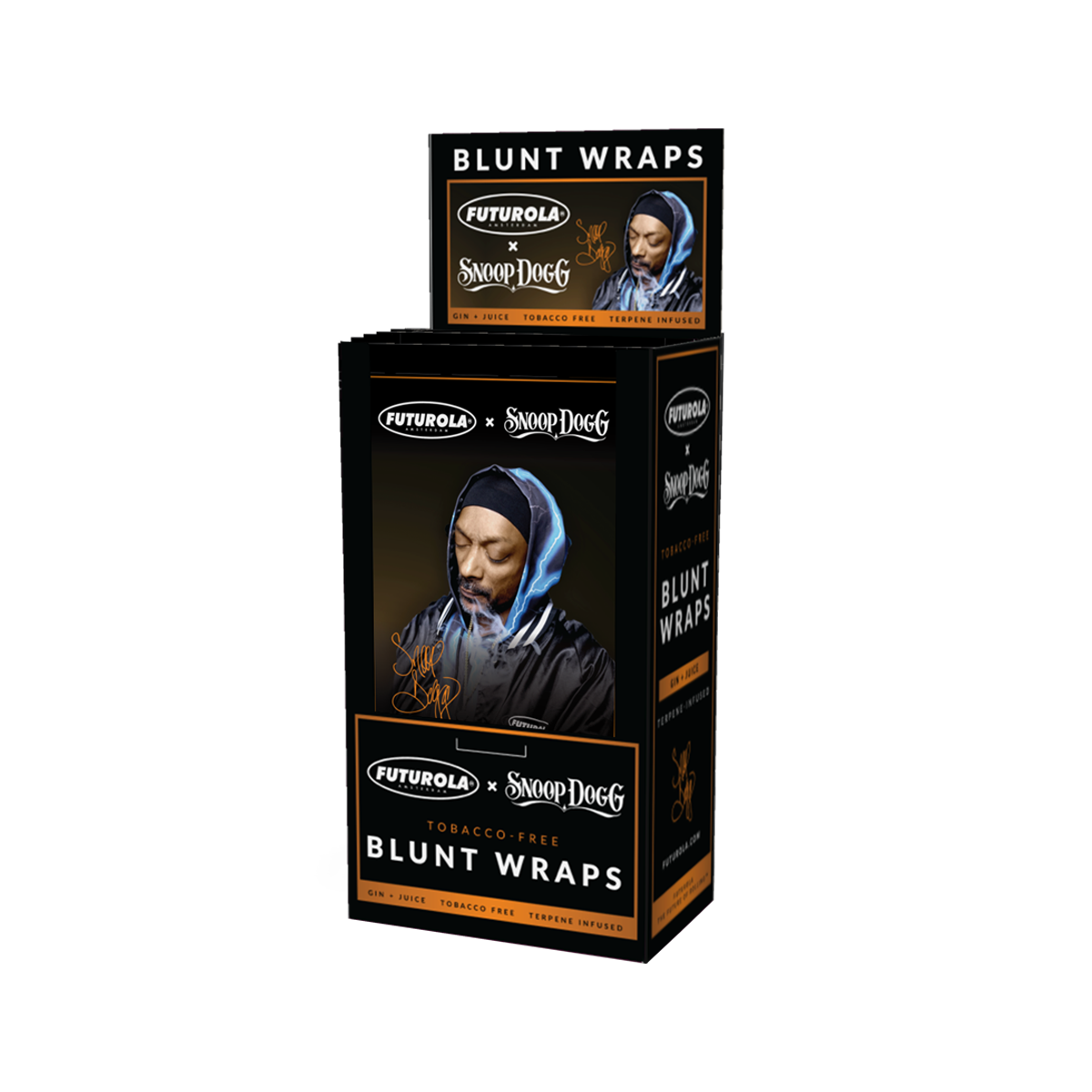 Tobacco-free blunt wraps infused with terpenes, featuring Snoop Dogg's exclusive Gin & Juice flavor for a premium rolling experience.