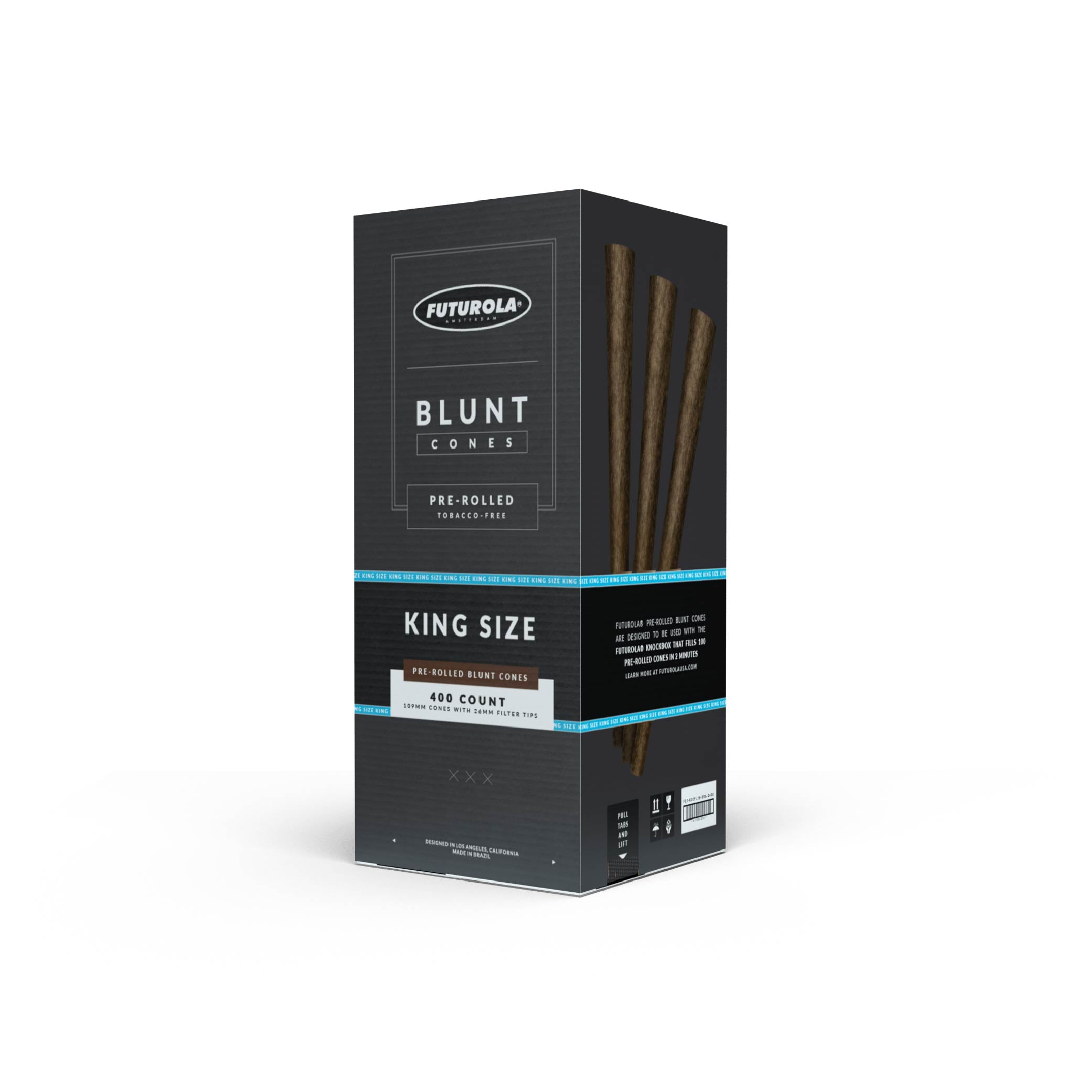 King size pre-rolled blunt cones, tobacco-free, 400 count, featuring a smooth filter tip for enhanced smoking experience.
