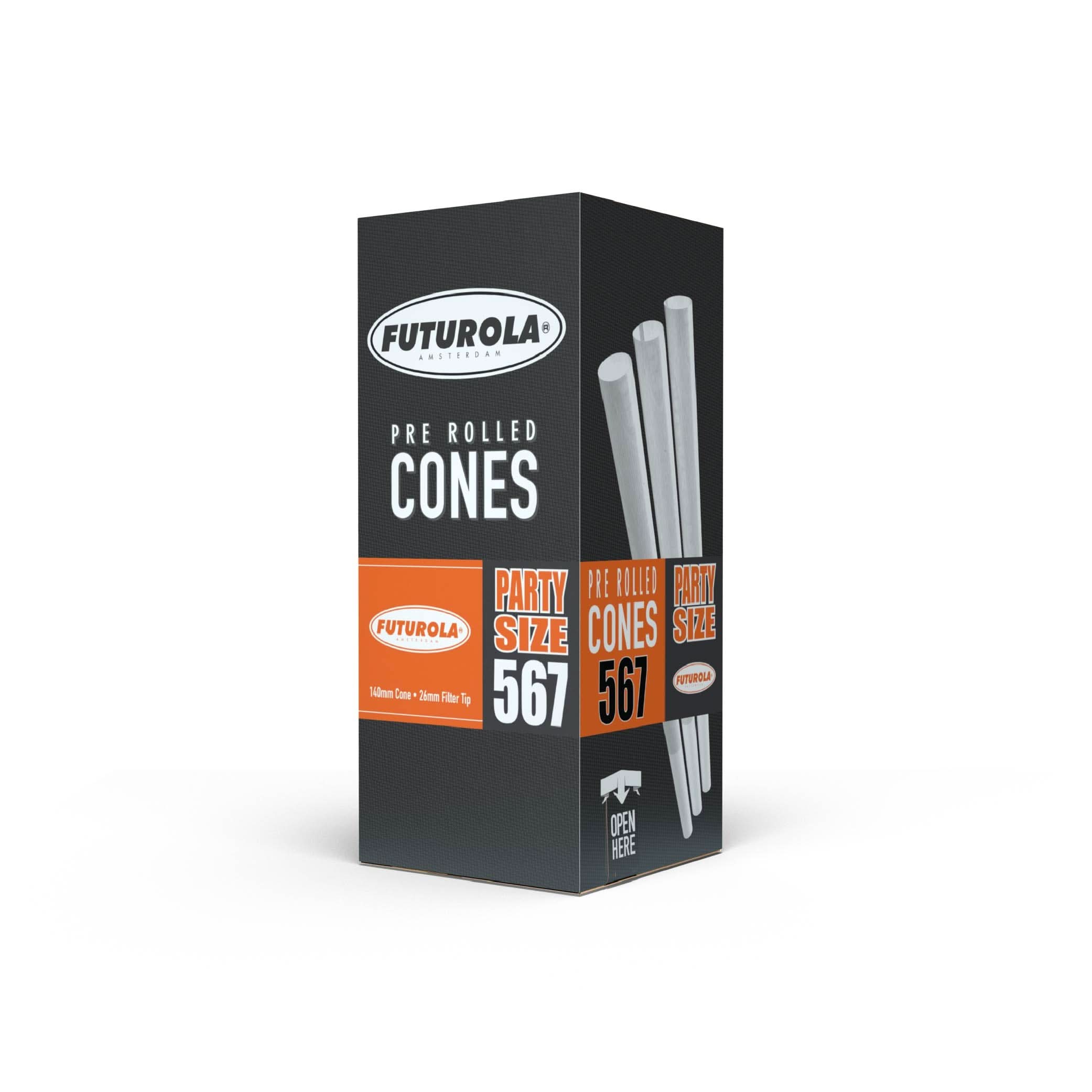 Party size pre-rolled cones, 140mm length with 26mm filter tip, designed for easy loading and smooth smoking experience.