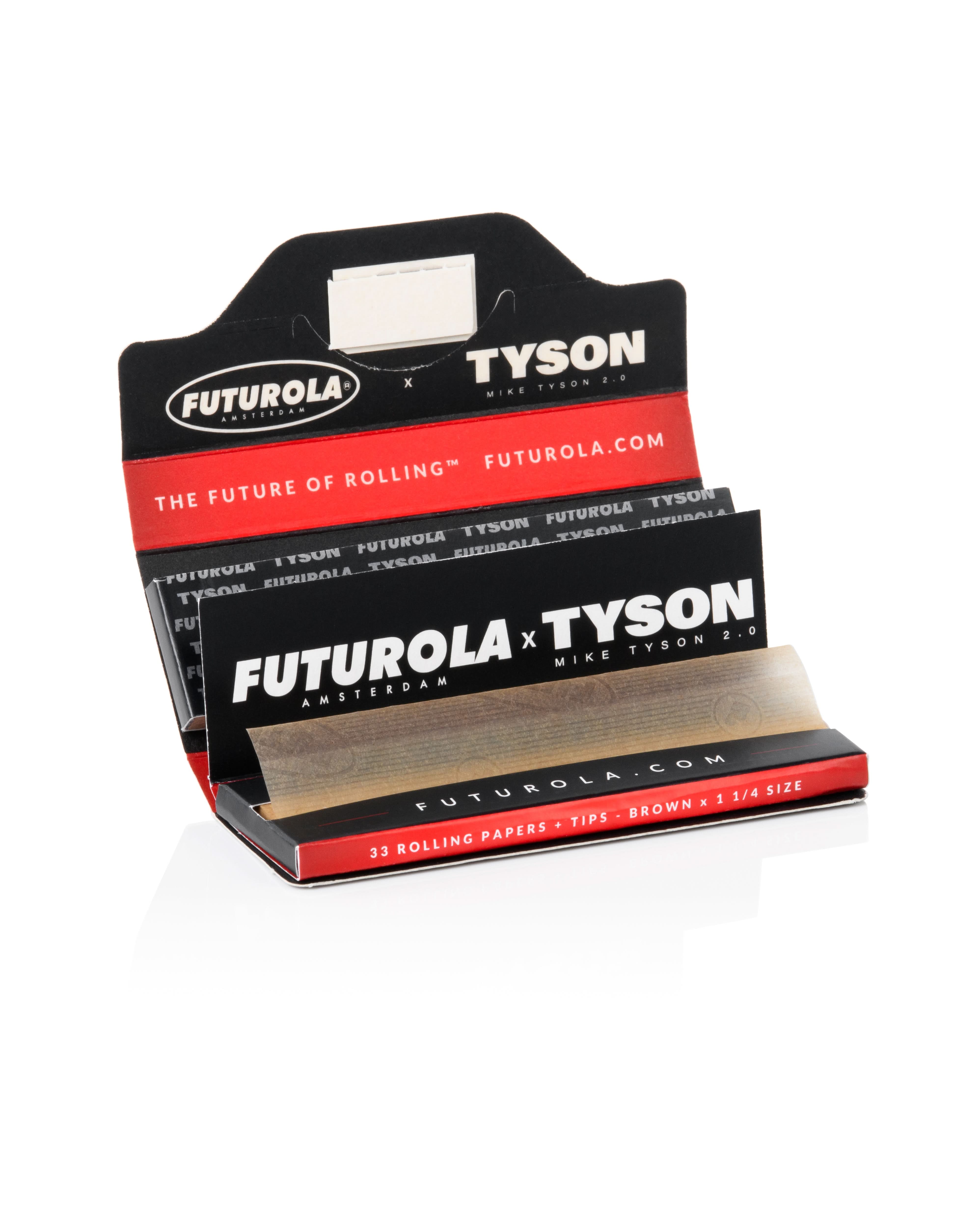 Tyson x Futurola 1¼ rolling papers with tips, featuring 33 sheets in brown for easy rolling. Perfect for premium smoking experiences.