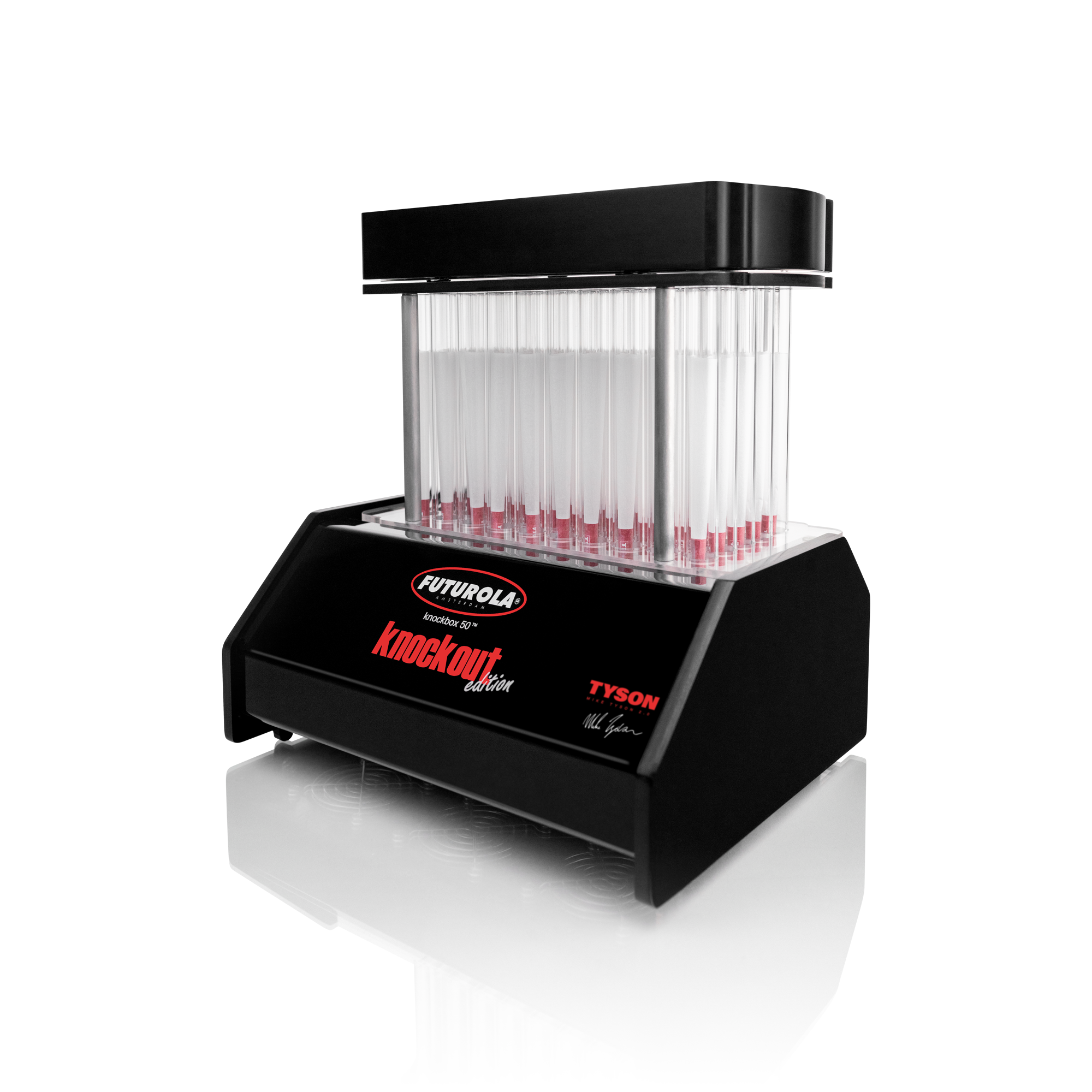 Futurola x Tyson Knockbox 50 Knockout Edition for efficient pre-roll production with durable design, featuring precision funnel and multiple pre-roll options.