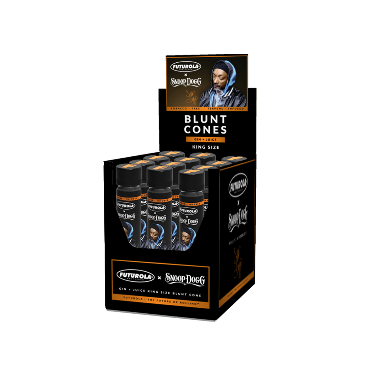 King size blunt cones by Snoop Dogg infused with gin and juice terpenes. Tobacco-free, designed for an easy roll and enhanced smoking experience. Perfect for premium users looking for quality and flavor in their smoking accessories.