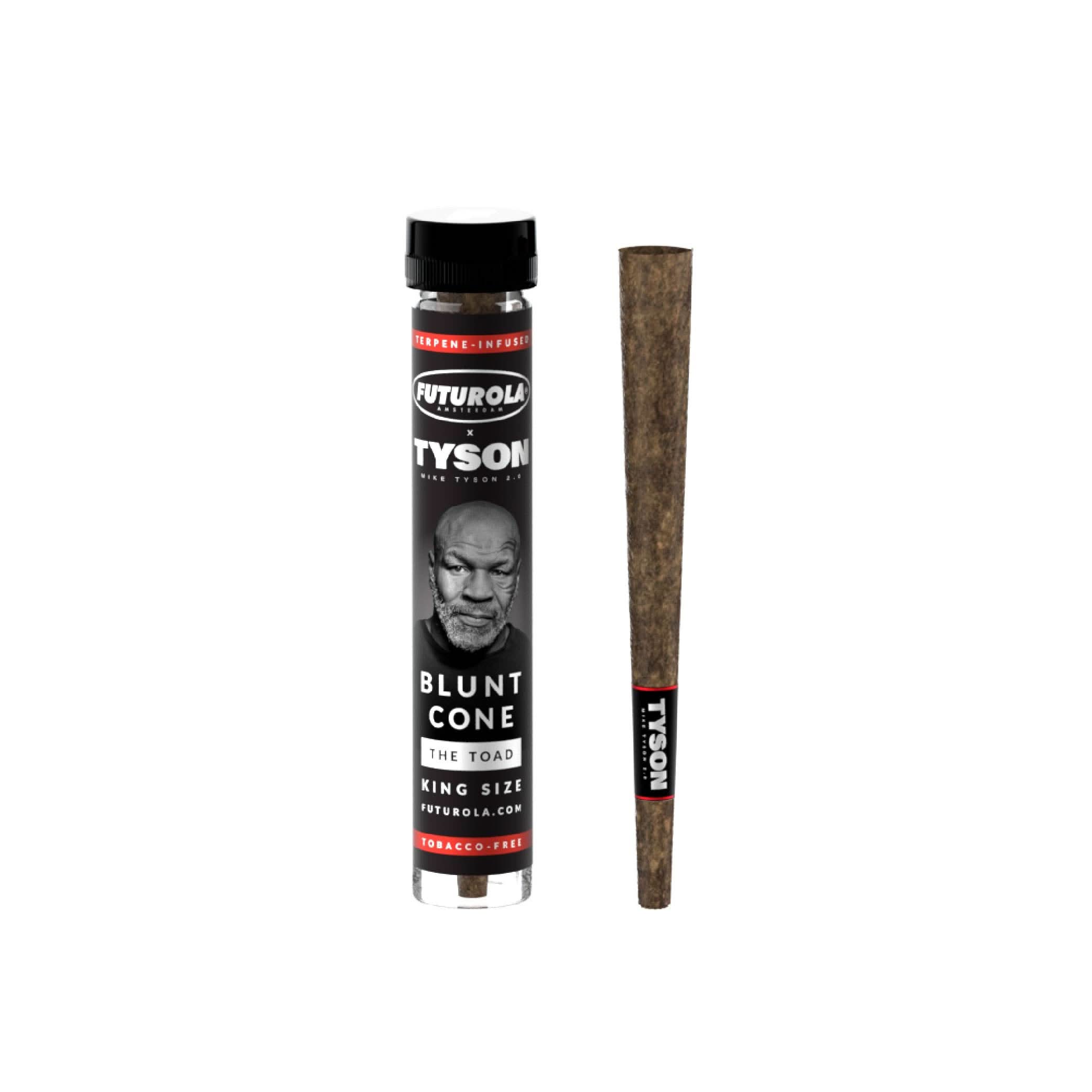 King size tobacco-free blunt cone featuring terpenes, packaged in a clear tube. Part of the Futurola x Tyson collection for a premium smoking experience.