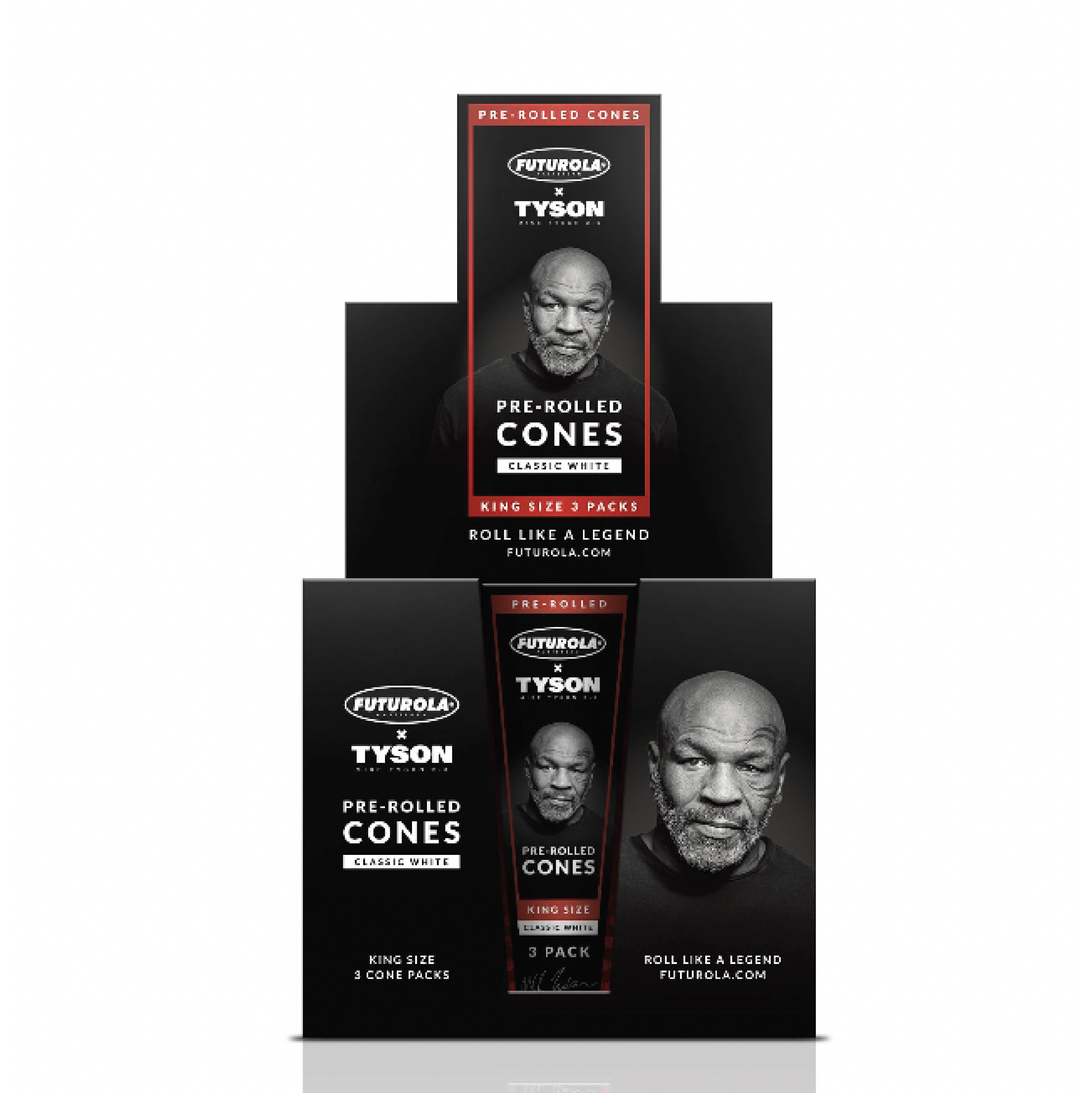 Futurola x Tyson king size pre-rolled cones in classic white, featuring a 3-pack design for an easy rolling experience.