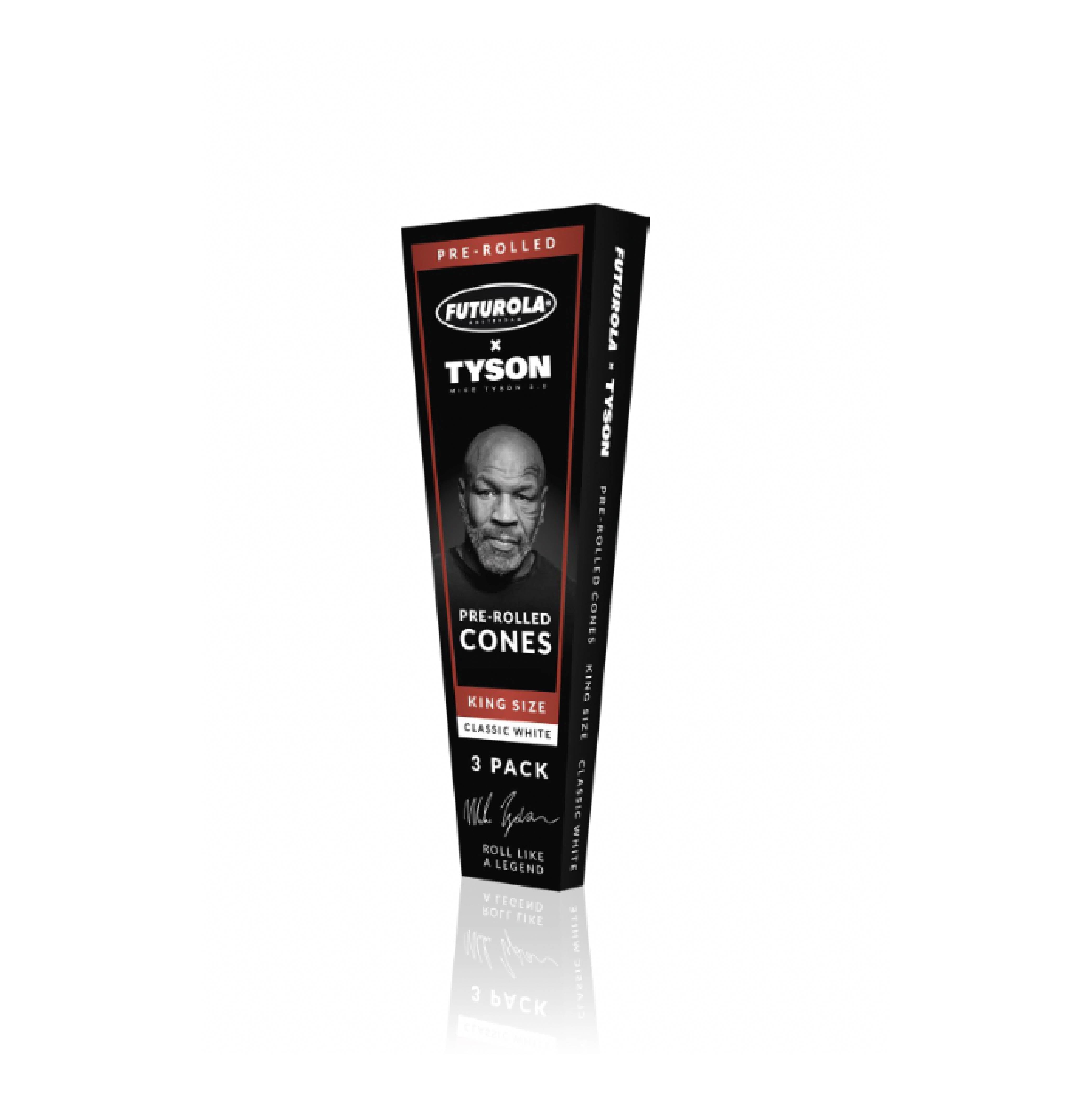 King size classic white pre-rolled cones in a 3-pack, featuring Futurola x Tyson collaboration. Ideal for premium smoking experiences with quality construction.