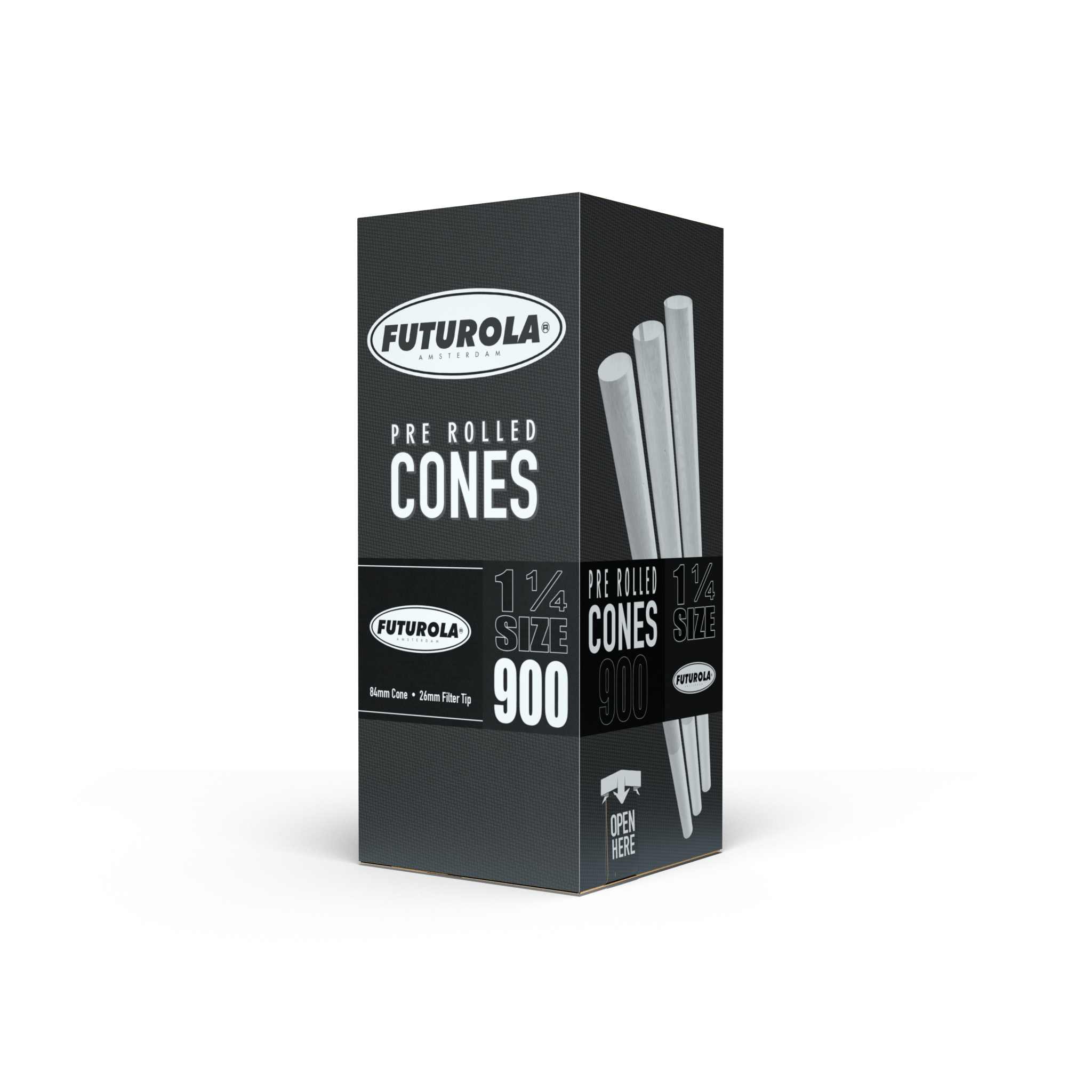 Futurola 84/26 standard pre-rolled cones in 1¼ size, includes 900 cones with 26mm filter tips, perfect for a smooth smoking experience.