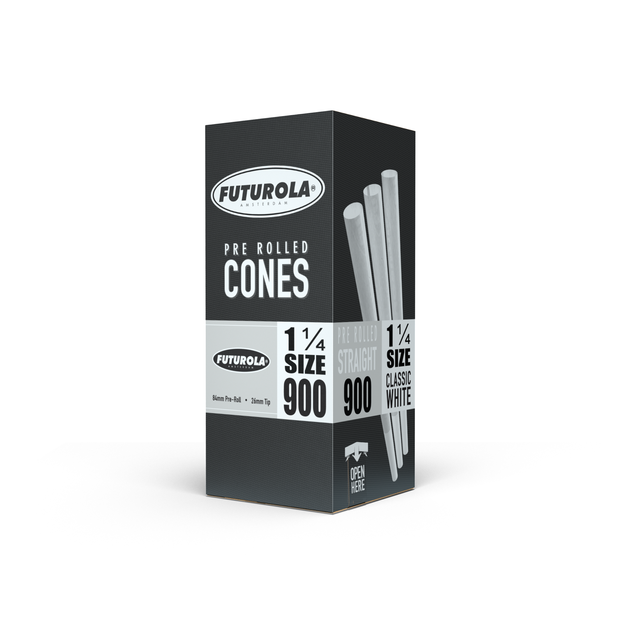 1¼ size slender straight paper pre-rolled cones, 84mm long, 26mm tip for easy filling, perfect for premium smoking experiences.