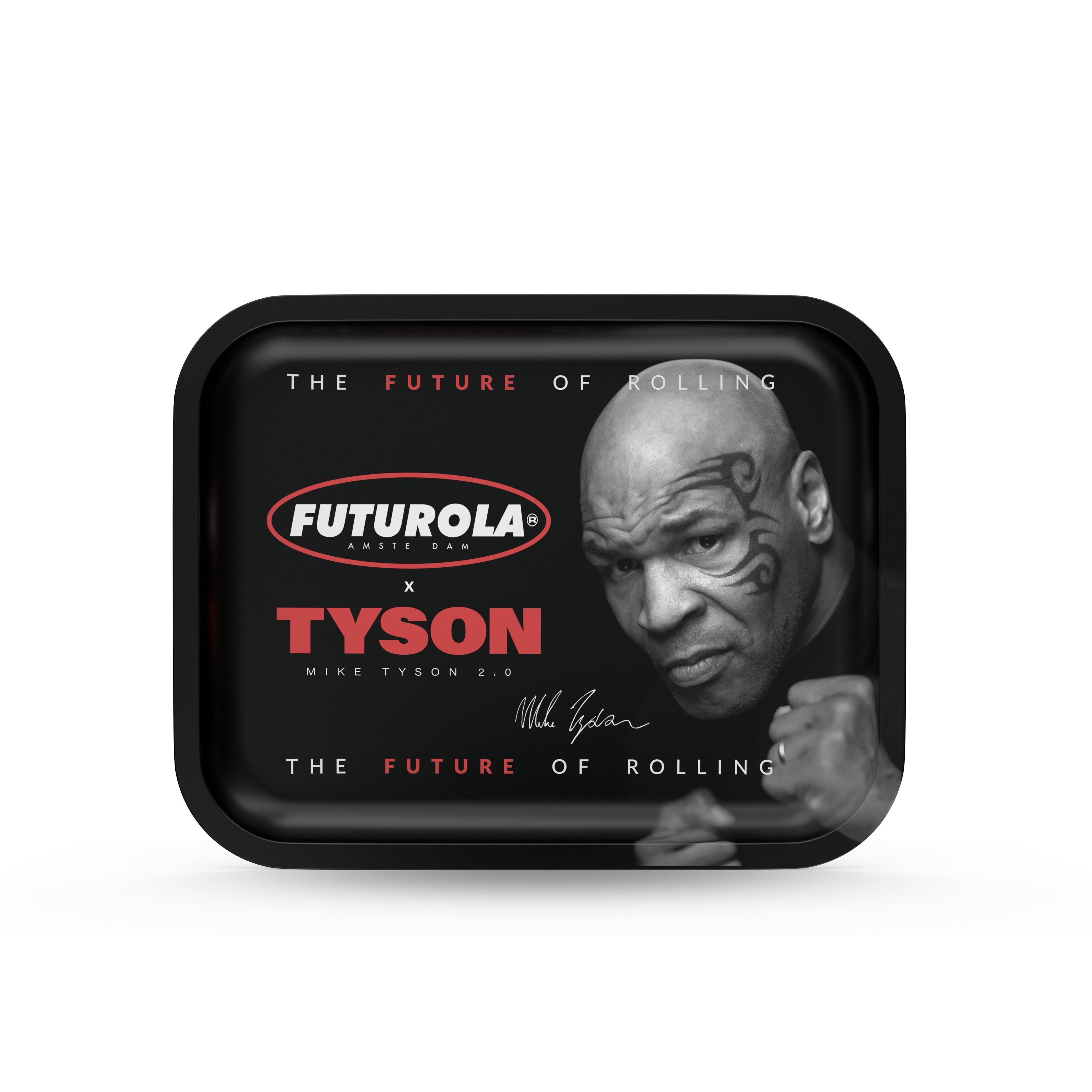 Tyson x Futurola rolling tray featuring Mike Tyson's image, durable metal construction, and compact design for easy use and storage in premium smoking experiences.