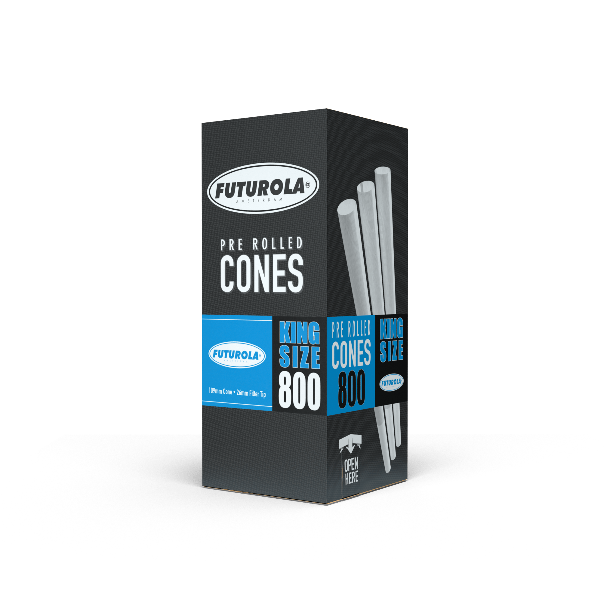 King size pre-rolled cones, 109mm length with 26mm filter tip, packaged for easy use, perfect for a smooth smoking experience.