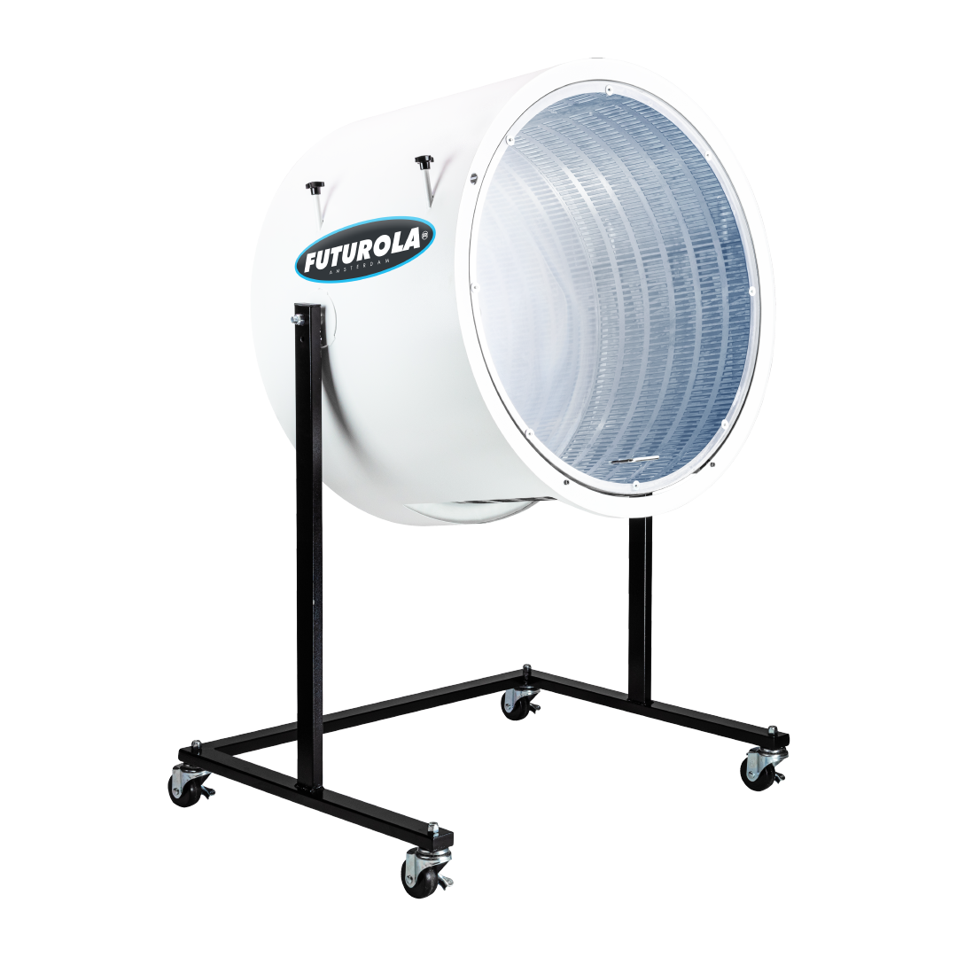 Futurola Trimmer Mega, an industrial-grade trimming machine with a large capacity, mounted on a sturdy frame with wheels for easy mobility, designed for efficient cannabis processing and increased productivity.