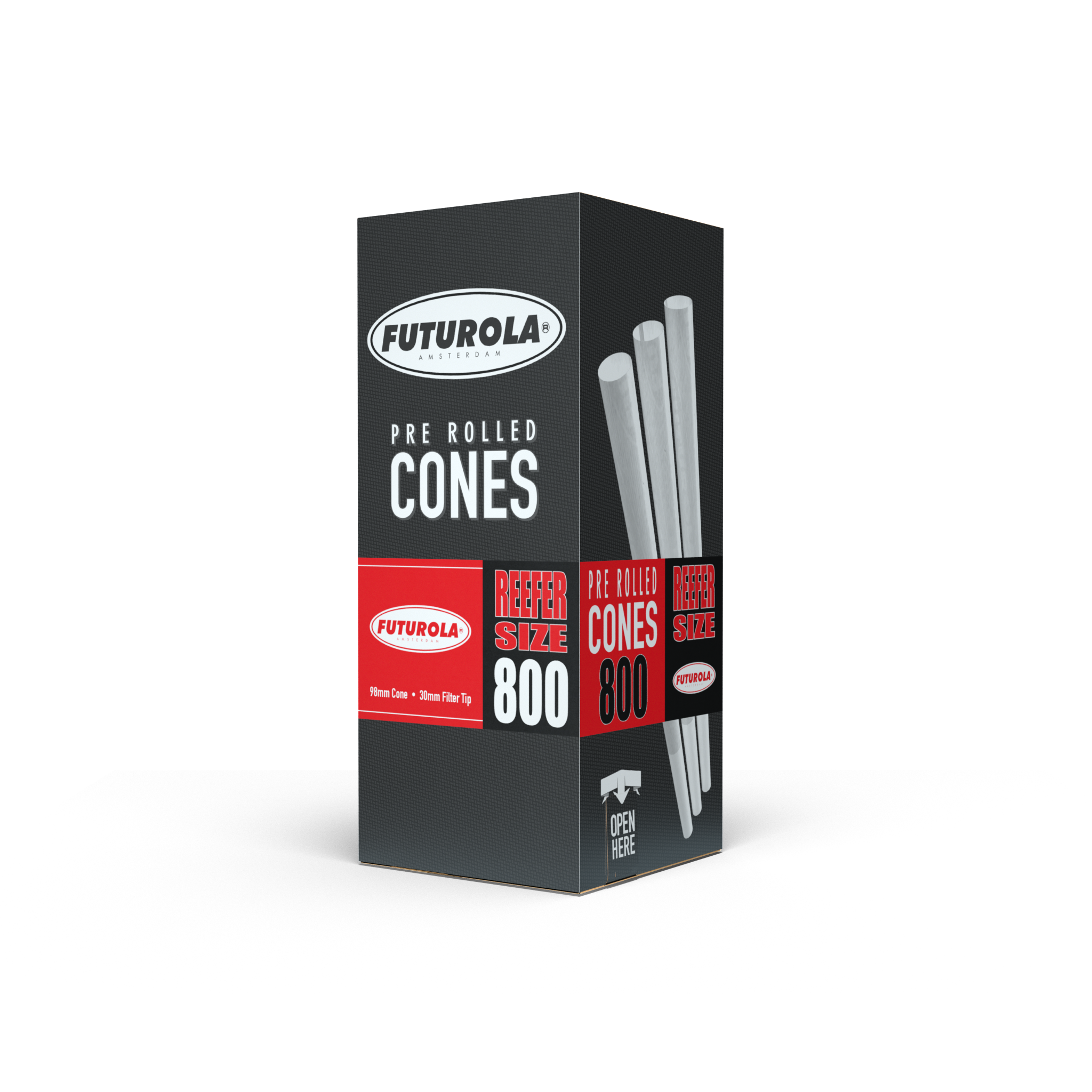 98mm Slender Paper Cones with 30mm filter tips, perfect for easy rolling. Futurola's quality ensures a smooth smoking experience.