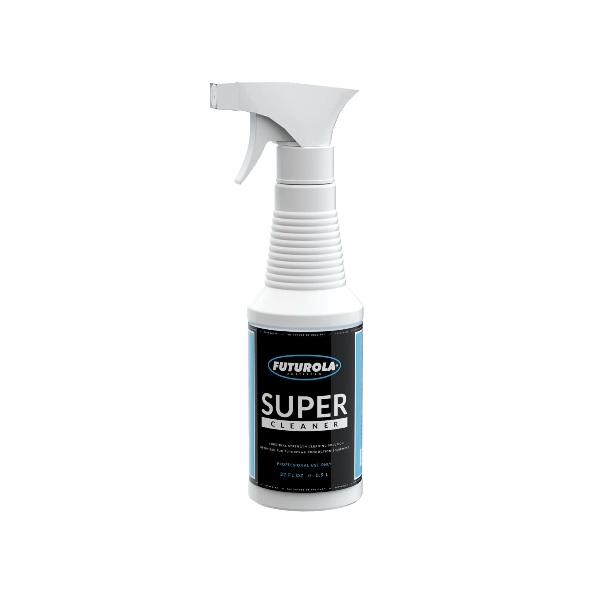 Futurola Super Cleaner in a 32 oz spray bottle, designed for deep cleaning of rolling machines and accessories, ensuring optimal performance.