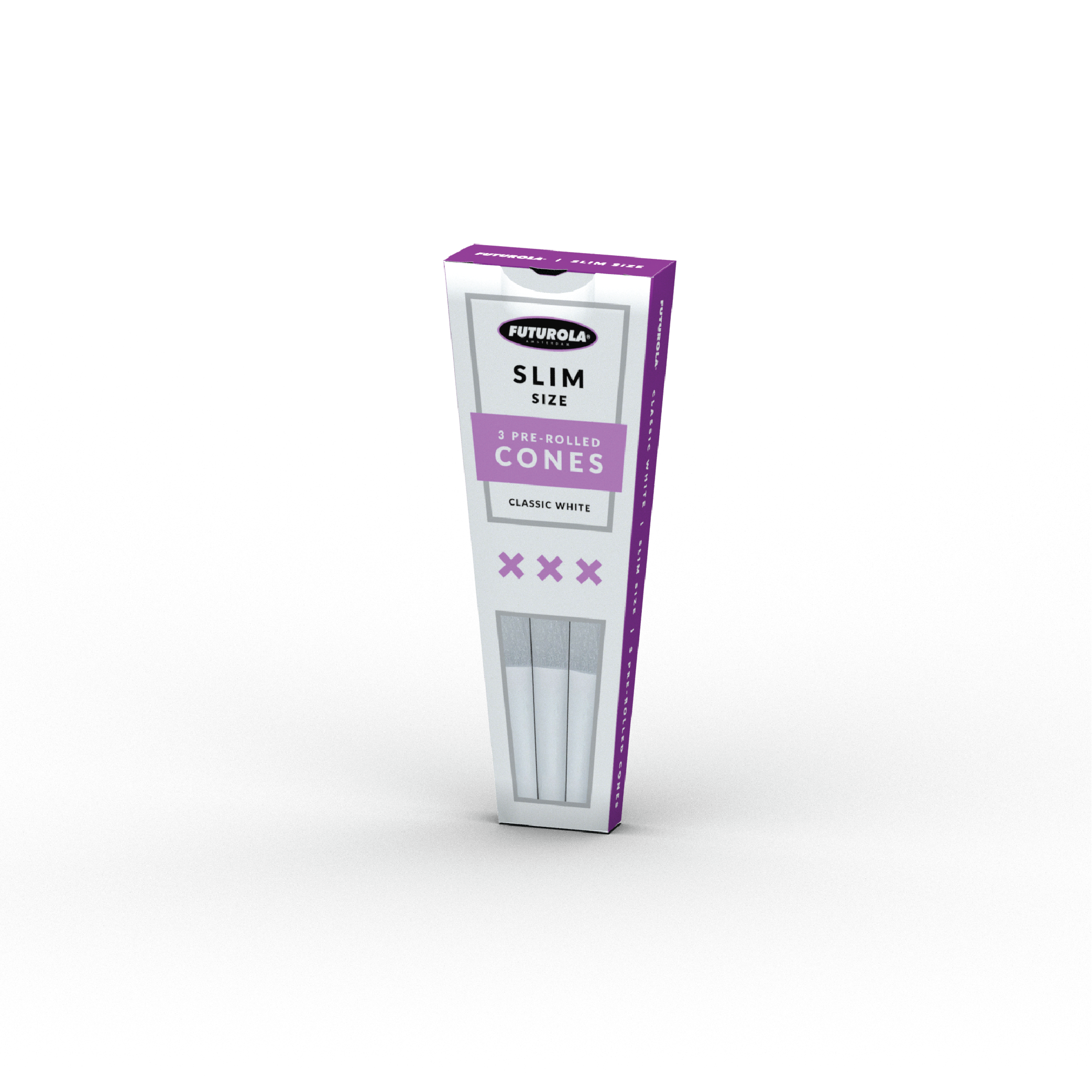 Slim size pre-rolled cones in classic white, pack of 3, designed for easy rolling and a smooth smoking experience.