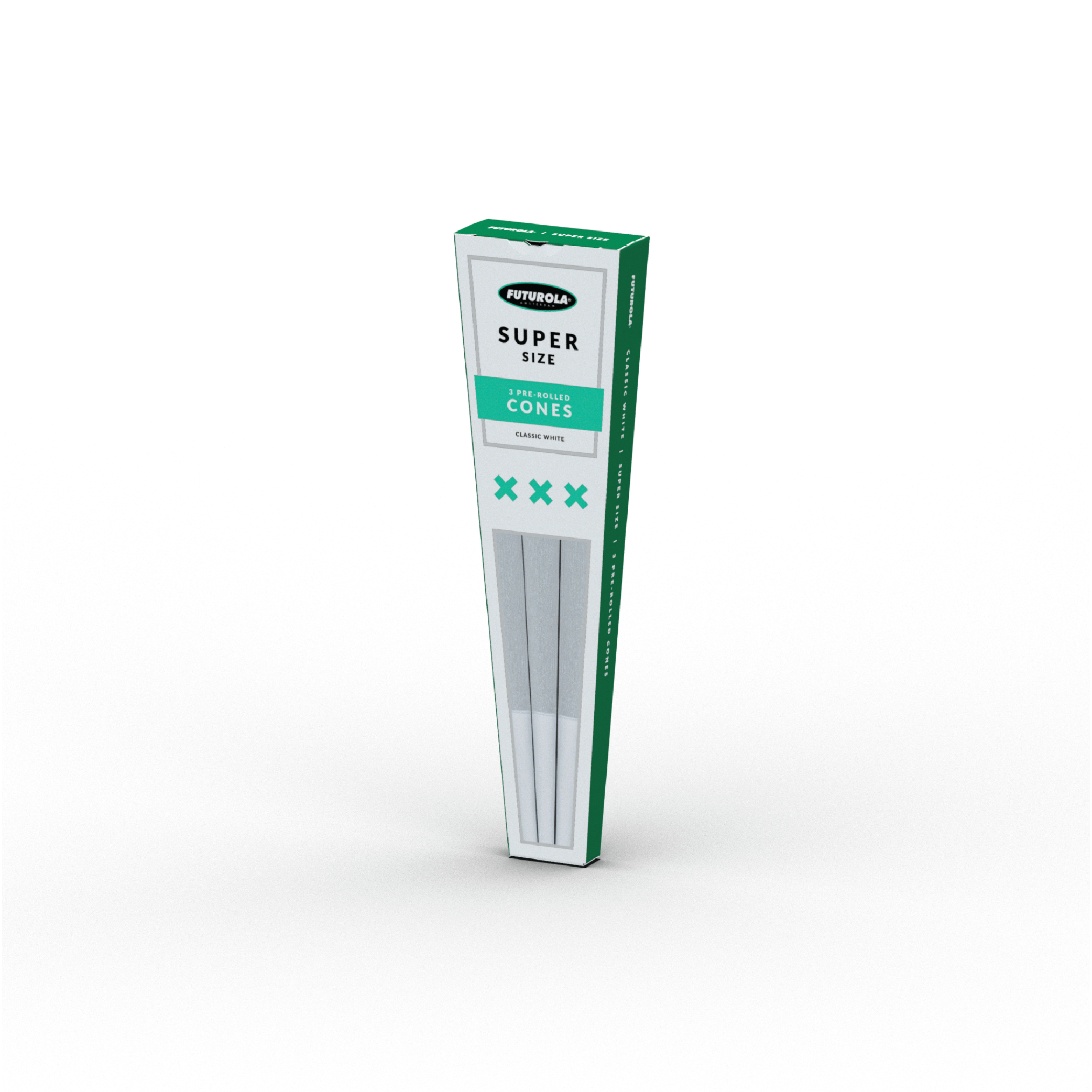 Super size pre-rolled cones in classic white, featuring a convenient packaging with three high-quality cones for easy filling and use.