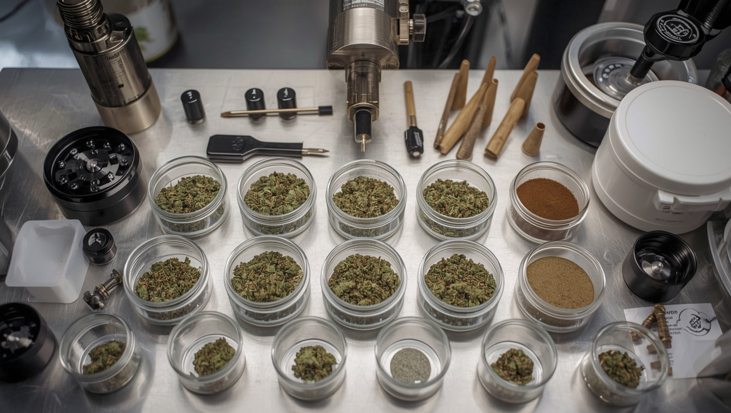 Organized pre-roll production workspace with grinders, cone rollers, and ground material in jars