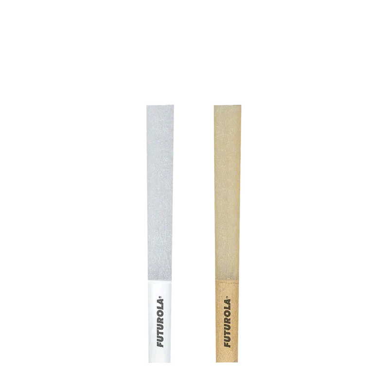 Two empty Futurola pre-rolled cones in white and brown paper displayed on a clean white background