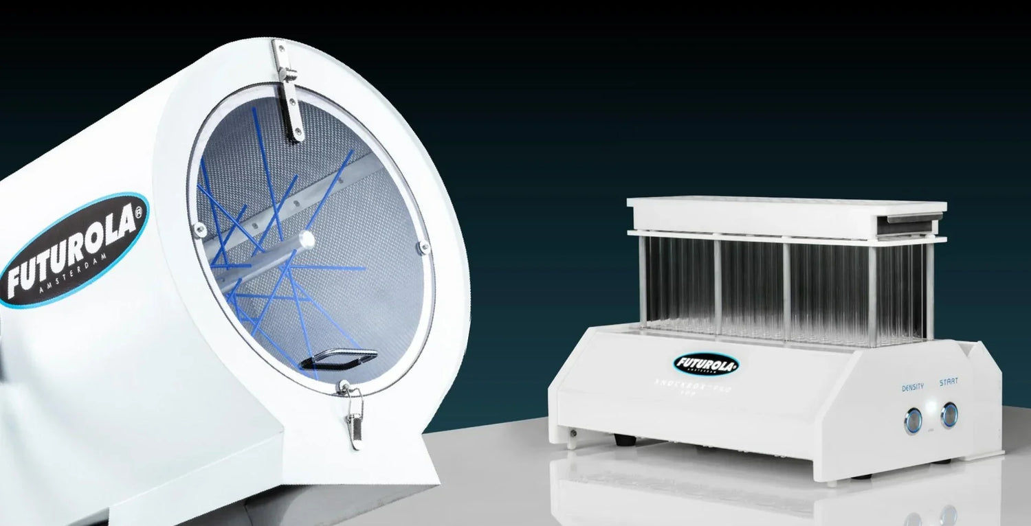 Pre-roll machine bundles by FUTUROLA displayed on a white table and a dark blue background.