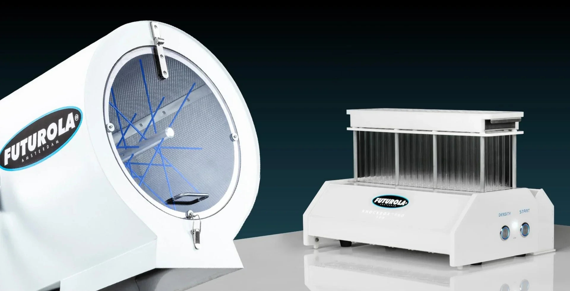 Pre-roll machine bundles by FUTUROLA displayed on a white table and a dark blue background.
